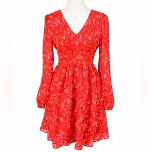 SHEIN Red Pink Floral Long Sleeve Mini Dress Size 4 Fit & Flare Spring Dress